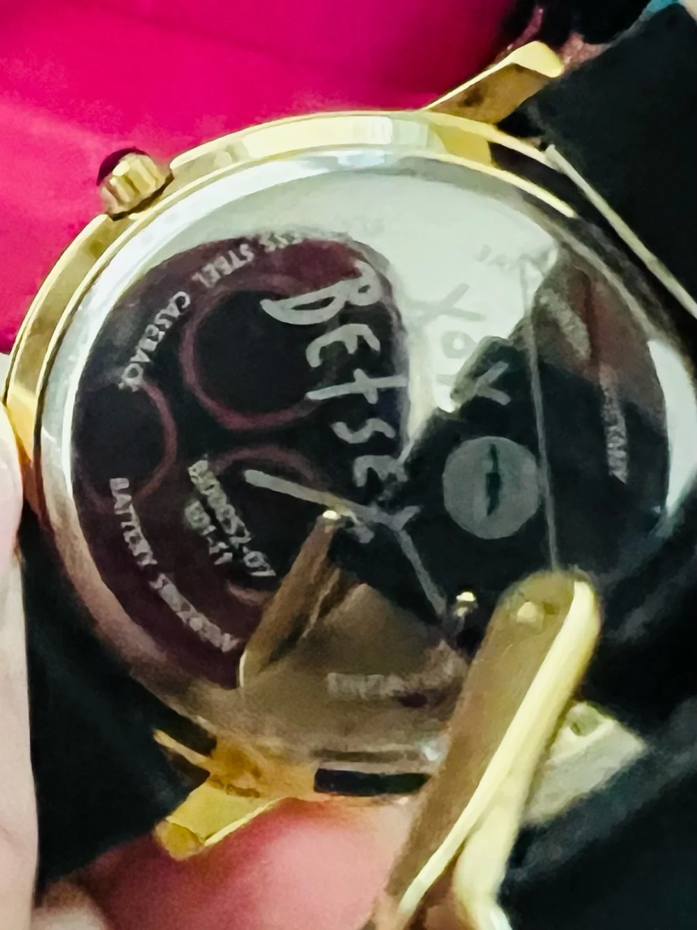 Betsey Johnson Gold Watch with Black Strap and Pink Bow Dial